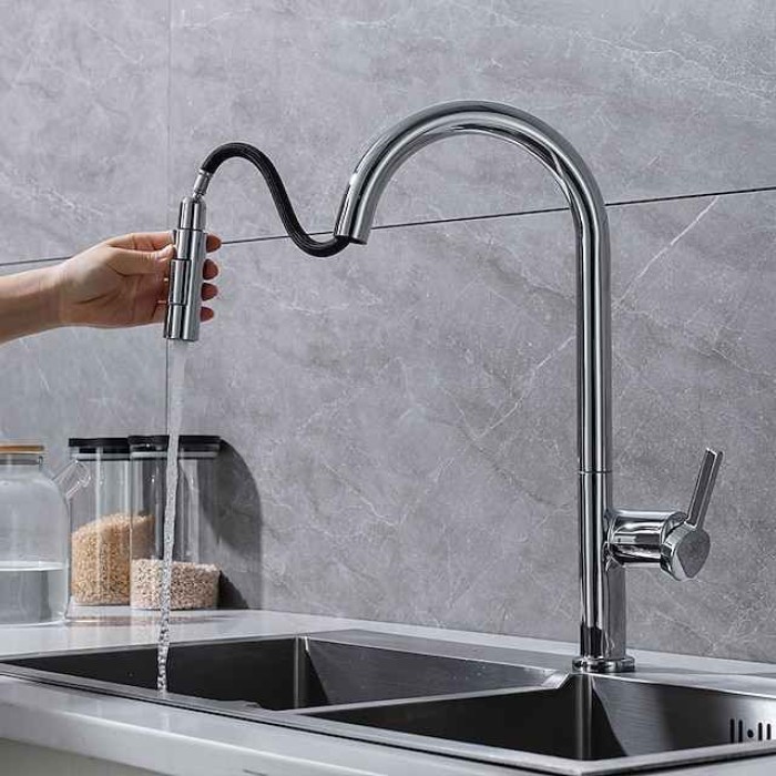 Kitchen Faucet with Pull-out Spray,Single Handle One Hole Brass High Arc 2-modes 360°Rotatable Modern Contemporary Kitchen Taps