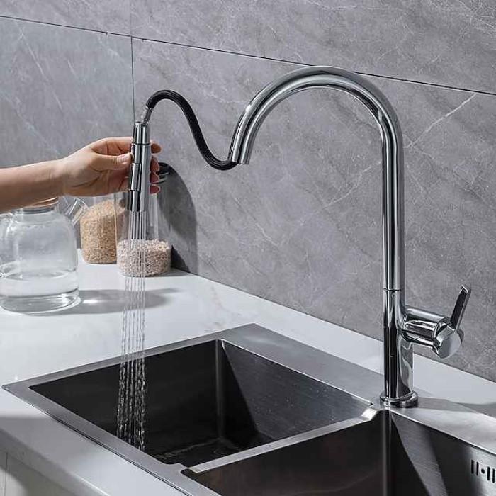 Kitchen Faucet with Pull-out Spray,Single Handle One Hole Brass High Arc 2-modes 360°Rotatable Modern Contemporary Kitchen Taps