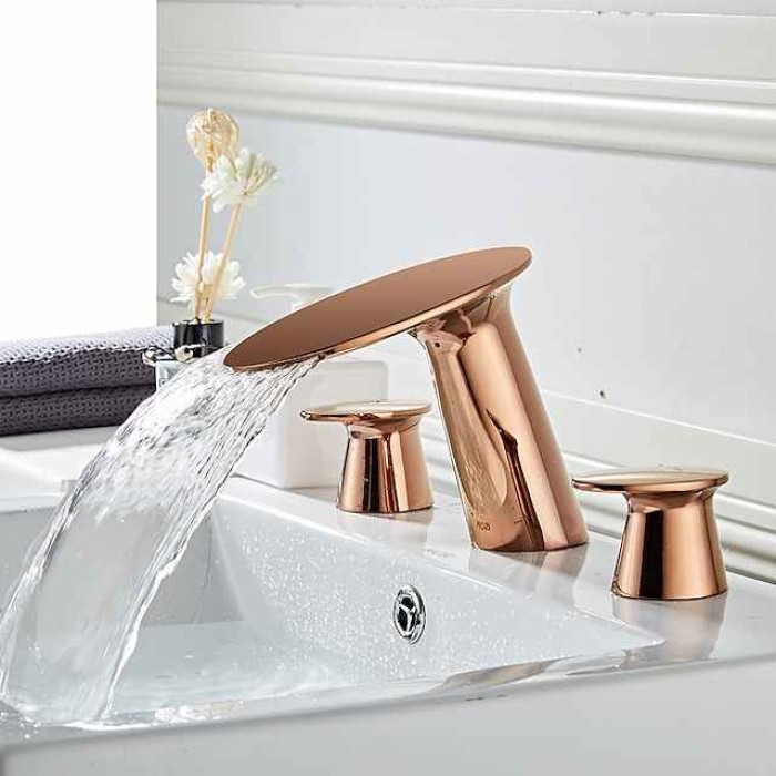 Widespread Bathroom Sink Faucet,Two Handle Three Holes Waterfall  Electroplated Bath Taps