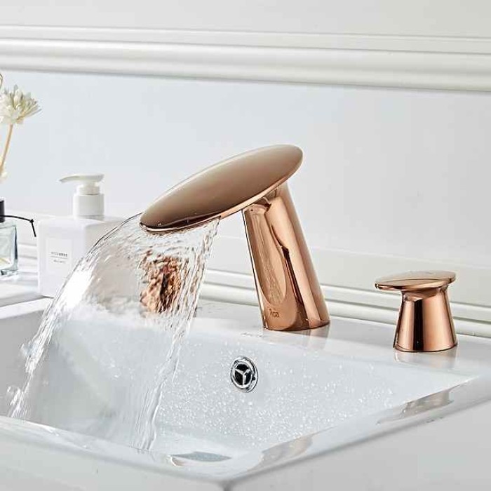 Widespread Bathroom Sink Faucet,Two Handle Three Holes Waterfall  Electroplated Bath Taps