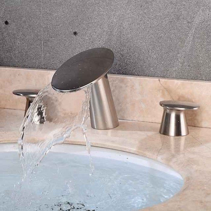 Widespread Bathroom Sink Faucet,Two Handle Three Holes Waterfall  Electroplated Bath Taps