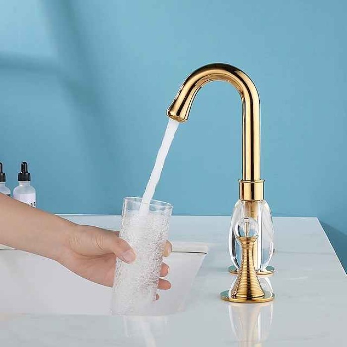 Gold Two Handle High Arc Widespread Bathroom Sink Faucet 3 Hole with Solid Brass Body Widespread Bathroom Faucet