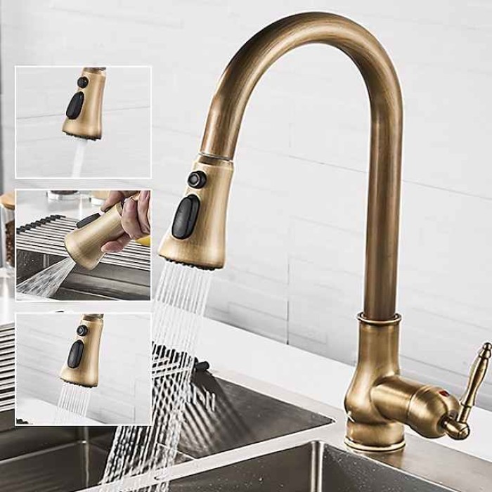 Kitchen Faucet with Sprayer,Antique Brass Pull-out 3-Function Outlet Mode Single Handle One Hole Sink Kitchen Taps with Soap Dispenser or Drain