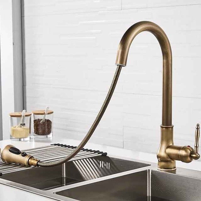 Kitchen Faucet with Sprayer,Antique Brass Pull-out 3-Function Outlet Mode Single Handle One Hole Sink Kitchen Taps with Soap Dispenser or Drain