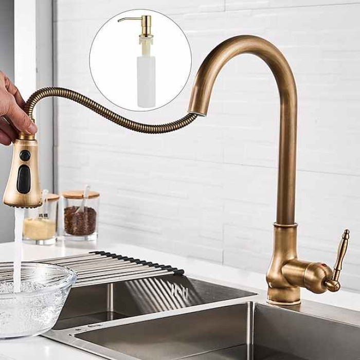 Kitchen Faucet with Sprayer,Antique Brass Pull-out 3-Function Outlet Mode Single Handle One Hole Sink Kitchen Taps with Soap Dispenser or Drain