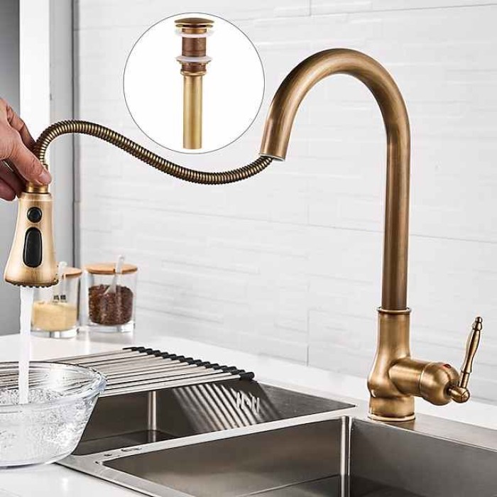 Kitchen Faucet with Sprayer,Antique Brass Pull-out 3-Function Outlet Mode Single Handle One Hole Sink Kitchen Taps with Soap Dispenser or Drain