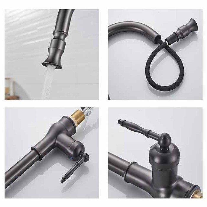 Kitchen Sink Mixer Faucet with Pull Out Sprayer Grey, 360 Swivel Single Handle Spring Kitchen Taps Deck Mounted, One Hole Brass Kitchen Sink Faucet Water Vessel Taps