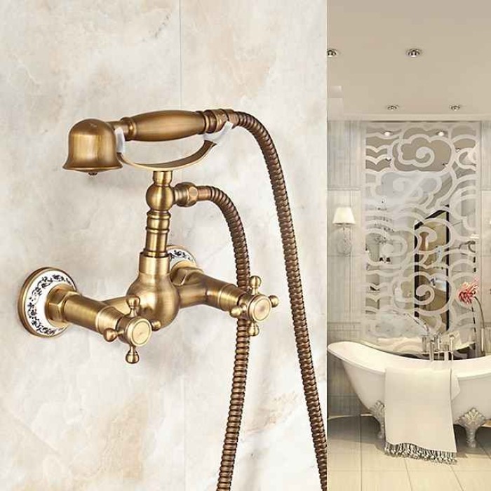 Shower Faucet / Body Jet Massage Set - Handshower Included pullout Rainfall Shower Antique / Vintage Style Antique Brass Mount Inside Brass Valve Bath Shower Mixer Taps