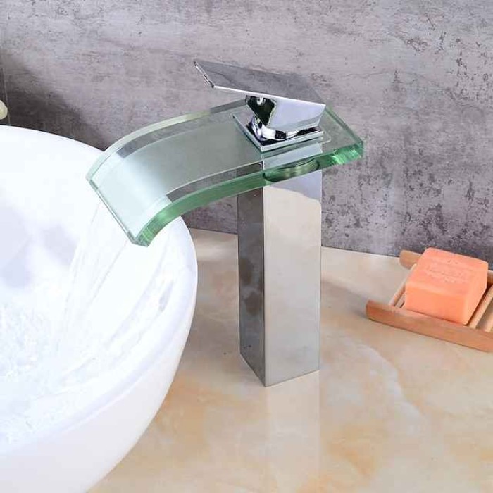 Chrome Waterfall Tap - Wash Basin Tap with Glass - Single-Handle Mixer Tap for Bathroom Sinks