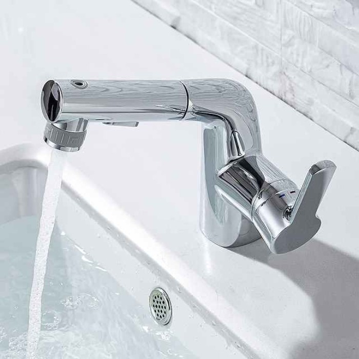 Pull Out Bathroom Sink Mixer Faucet, 360 swivel Pull Down Sprayer Basin Tap Brass, 2 Water Flow Modes with Rotating Spout, Single Handle Washroom Water Tap with Cold Hot Hose