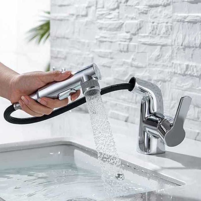 Pull Out Bathroom Sink Mixer Faucet, 360 swivel Pull Down Sprayer Basin Tap Brass, 2 Water Flow Modes with Rotating Spout, Single Handle Washroom Water Tap with Cold Hot Hose