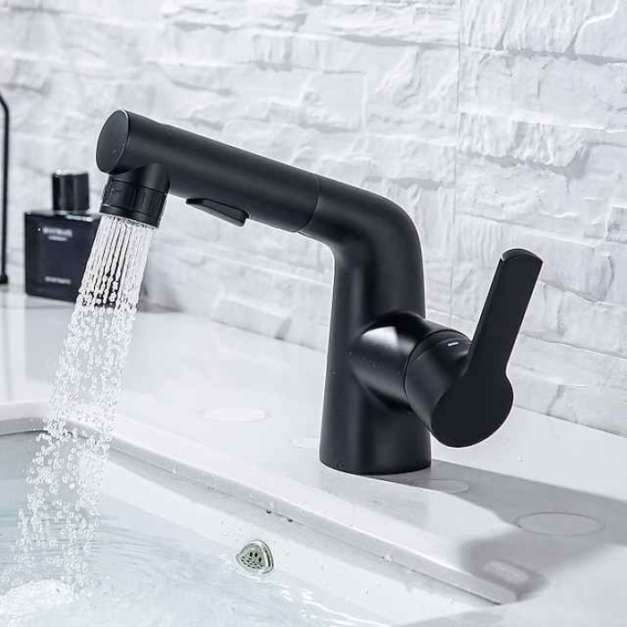 Pull Out Bathroom Sink Mixer Faucet, 360 swivel Pull Down Sprayer Basin Tap Brass, 2 Water Flow Modes with Rotating Spout, Single Handle Washroom Water Tap with Cold Hot Hose