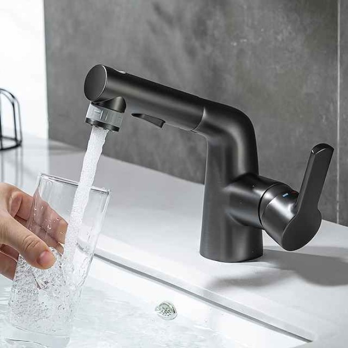 Pull Out Bathroom Sink Mixer Faucet, 360 swivel Pull Down Sprayer Basin Tap Brass, 2 Water Flow Modes with Rotating Spout, Single Handle Washroom Water Tap with Cold Hot Hose