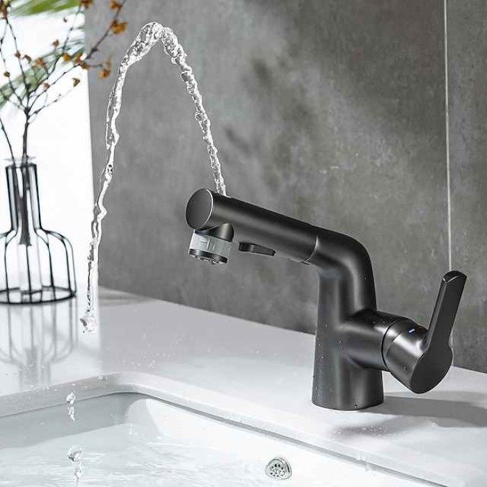 Pull Out Bathroom Sink Mixer Faucet, 360 swivel Pull Down Sprayer Basin Tap Brass, 2 Water Flow Modes with Rotating Spout, Single Handle Washroom Water Tap with Cold Hot Hose