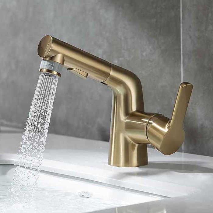 Pull Out Bathroom Sink Mixer Faucet, 360 swivel Pull Down Sprayer Basin Tap Brass, 2 Water Flow Modes with Rotating Spout, Single Handle Washroom Water Tap with Cold Hot Hose