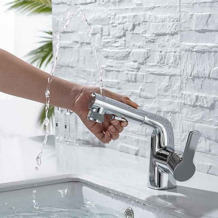 Pull Out Bathroom Sink Mixer Faucet, 360 swivel Pull Down Sprayer Basin Tap Brass, 2 Water Flow Modes with Rotating Spout, Single Handle Washroom Water Tap with Cold Hot Hose