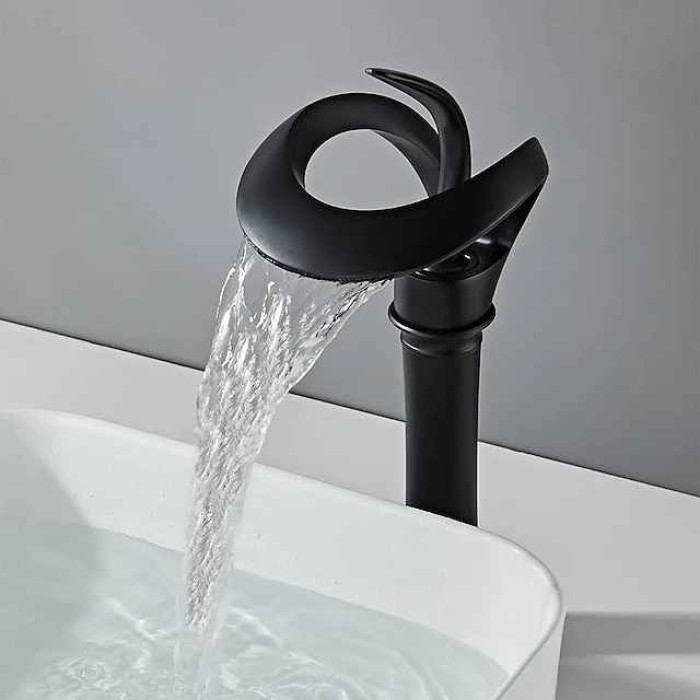 Black Bathroom Sink Mixer Faucet Waterfall Spout, Brass Basin Taps Single Handle One Hole Vessel Bathroom Tap with Hot and Cold Switch Golden Grey Chrome