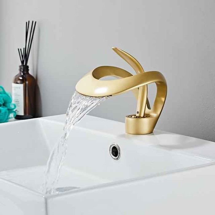 Black Bathroom Sink Mixer Faucet Waterfall Spout, Brass Basin Taps Single Handle One Hole Vessel Bathroom Tap with Hot and Cold Switch Golden Grey Chrome