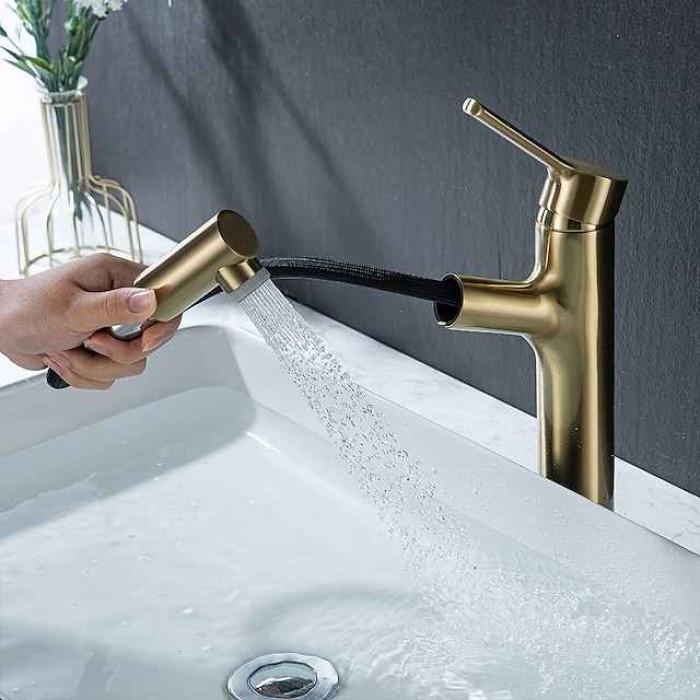 Bathroom Sink Mixer Vessel Faucet Pull Out with 2 Mode Spout Sprayer, Single Handle Pull Down Basin Taps Deck Mounted