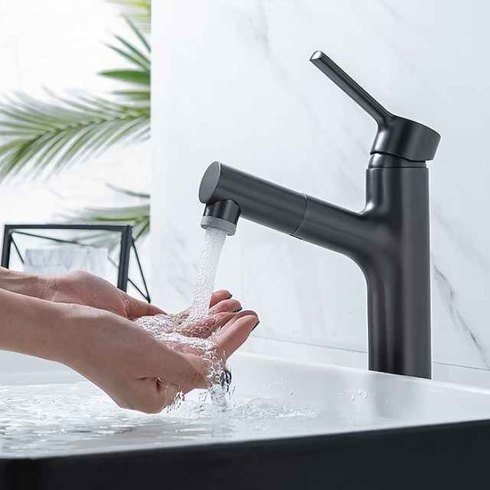 Bathroom Sink Mixer Vessel Faucet Pull Out with 2 Mode Spout Sprayer, Single Handle Pull Down Basin Taps Deck Mounted