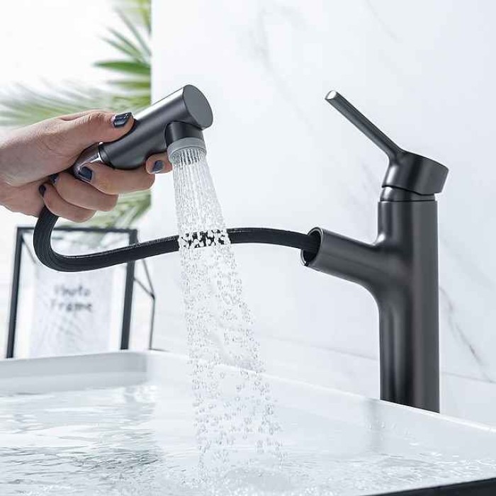 Bathroom Sink Mixer Vessel Faucet Pull Out with 2 Mode Spout Sprayer, Single Handle Pull Down Basin Taps Deck Mounted