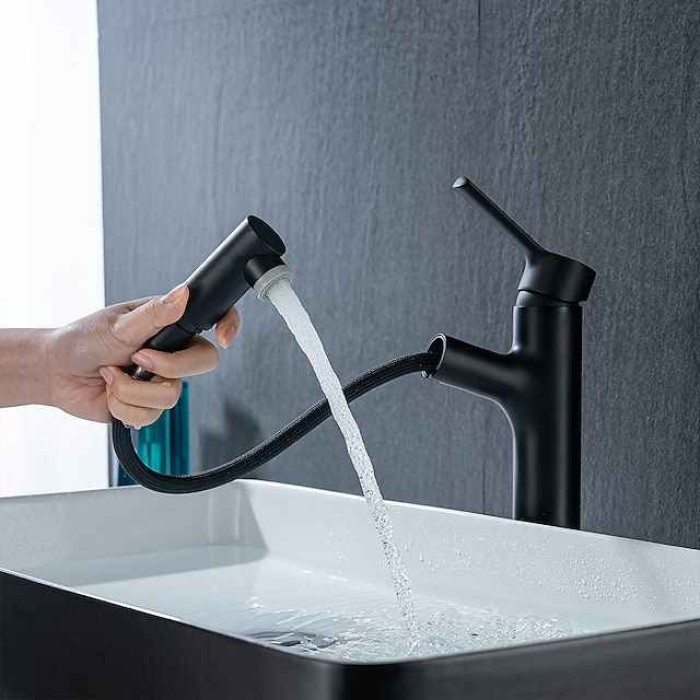 Bathroom Sink Mixer Vessel Faucet Pull Out with 2 Mode Spout Sprayer, Single Handle Pull Down Basin Taps Deck Mounted