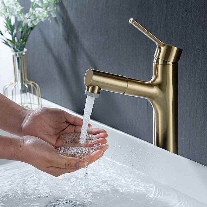 Bathroom Sink Mixer Vessel Faucet Pull Out with 2 Mode Spout Sprayer, Single Handle Pull Down Basin Taps Deck Mounted