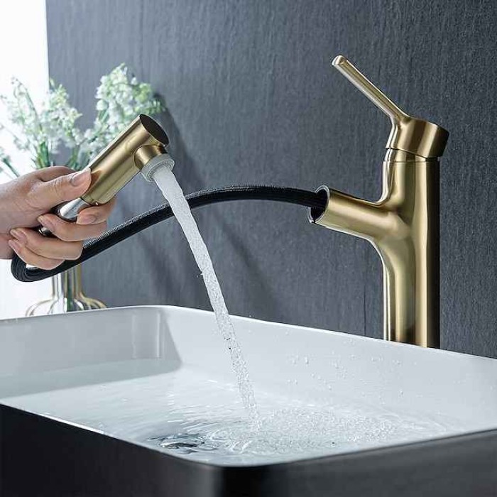 Bathroom Sink Mixer Vessel Faucet Pull Out with 2 Mode Spout Sprayer, Single Handle Pull Down Basin Taps Deck Mounted