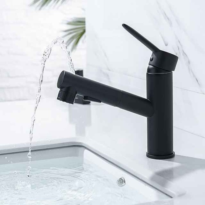 Bathroom Sink Mixer Faucet Pull Out Sprayer 2 Mode Spout with Stop Button, Single Handle Washroom Basin Taps Mono with Cold and Hot Hose Chrome Black Golden