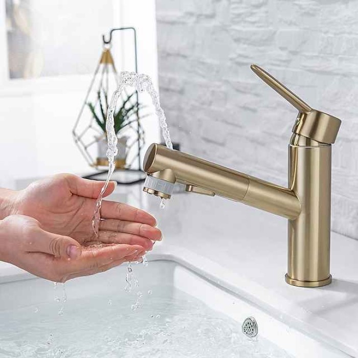 Bathroom Sink Mixer Faucet Pull Out Sprayer 2 Mode Spout with Stop Button, Single Handle Washroom Basin Taps Mono with Cold and Hot Hose Chrome Black Golden