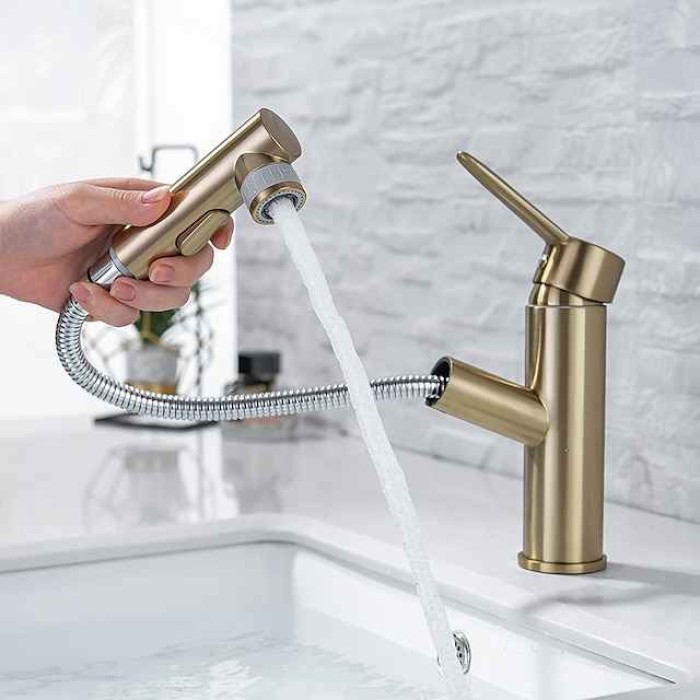 Bathroom Sink Mixer Faucet Pull Out Sprayer 2 Mode Spout with Stop Button, Single Handle Washroom Basin Taps Mono with Cold and Hot Hose Chrome Black Golden