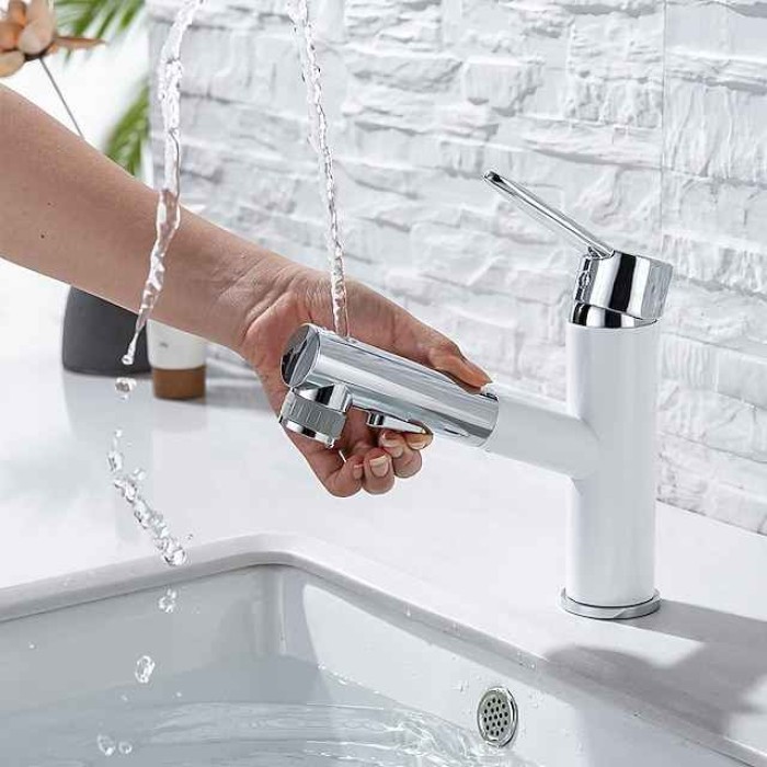 Bathroom Sink Mixer Faucet Pull Out Sprayer 2 Mode Spout with Stop Button, Single Handle Washroom Basin Taps Mono with Cold and Hot Hose Chrome Black Golden