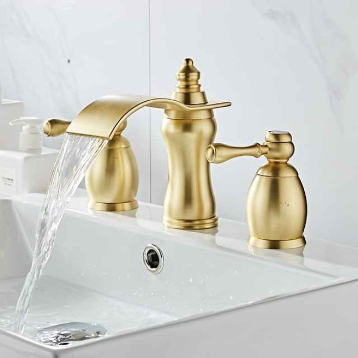 Widespread Bathroom Sink Faucet,Two Handle Three Holes Waterfall Electroplated Bath Taps