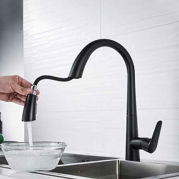 Kitchen Faucet with Pull-out Spray 360° Rotated Single Handle One Hole Minimalist Modern Contemporary Kitchen Taps