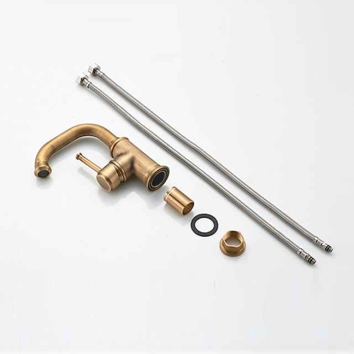 Bathroom Sink Mixer Faucet Vintage Deck Mounted, 360 Swivel Rotatable Single Handle One Hole Monobloc Washroom Basin Taps with Hot and Cold Water Hose Antique Brass ORB