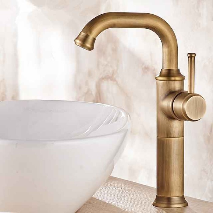 Bathroom Sink Mixer Faucet Vintage Deck Mounted, 360 Swivel Rotatable Single Handle One Hole Monobloc Washroom Basin Taps with Hot and Cold Water Hose Antique Brass ORB