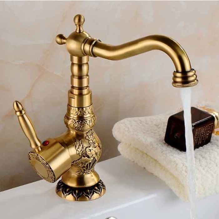 Kitchen faucet - Single Handle One Hole Antique Brass Standard Spout Centerset Retro Vintage Kitchen Taps