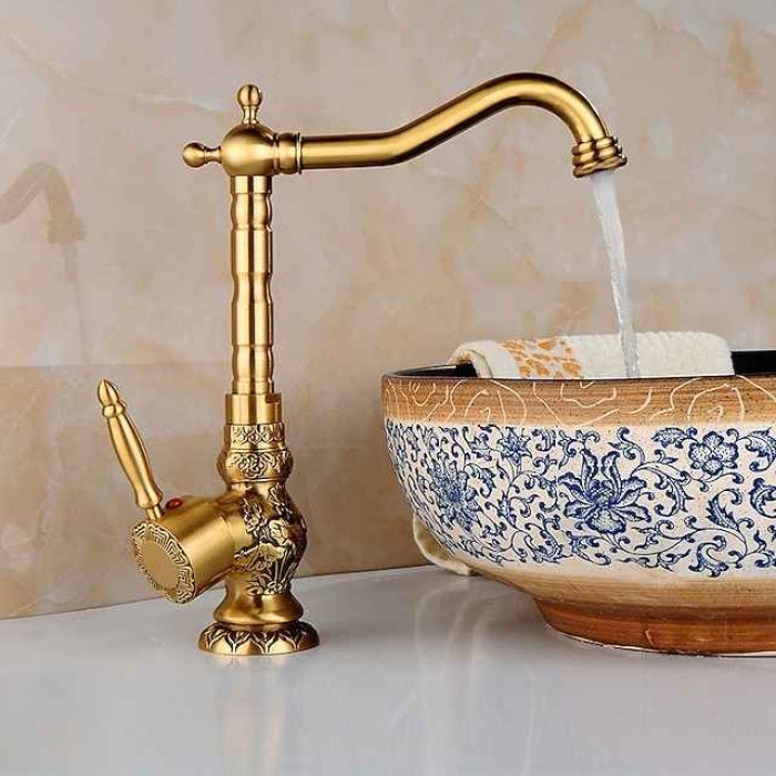 Kitchen faucet - Single Handle One Hole Antique Brass Standard Spout Centerset Retro Vintage Kitchen Taps