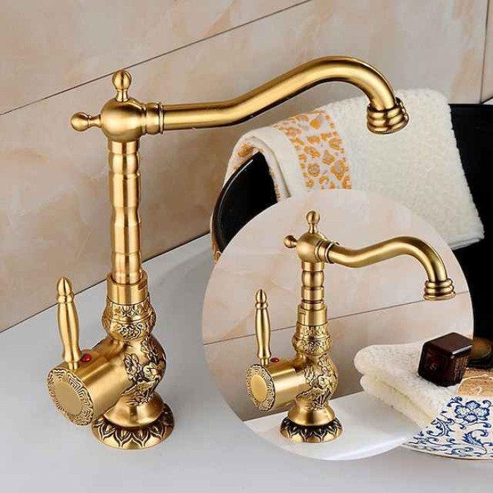 Kitchen faucet - Single Handle One Hole Antique Brass Standard Spout Centerset Retro Vintage Kitchen Taps