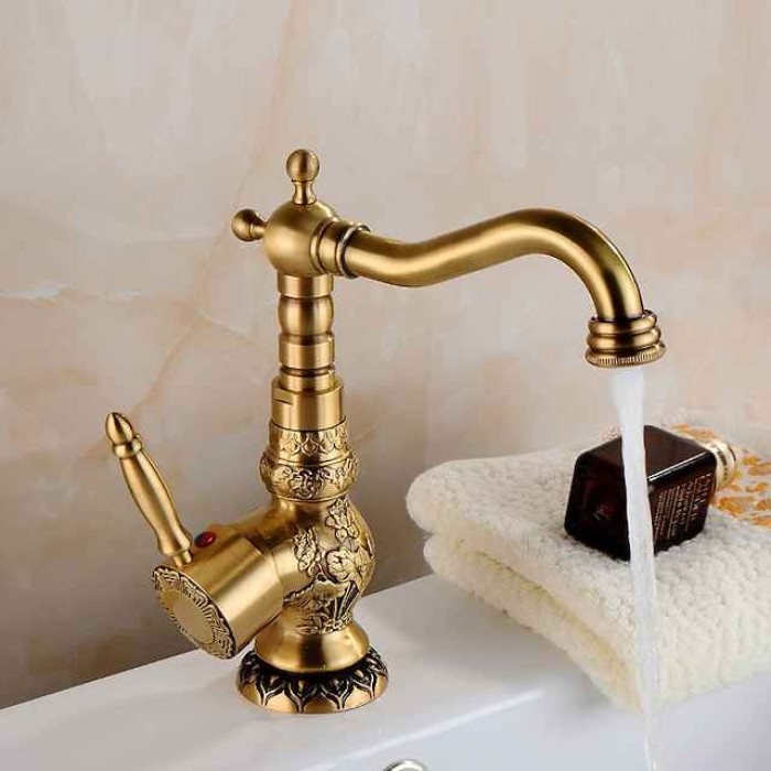 Kitchen faucet - Single Handle One Hole Antique Brass Standard Spout Centerset Retro Vintage Kitchen Taps