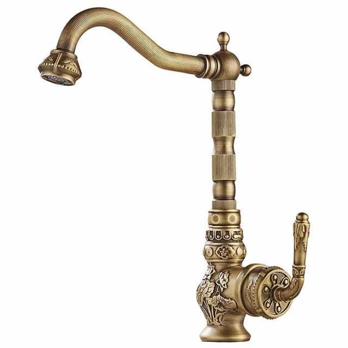 Traditional Kitchen Sink Mixer Faucet, Antique Brass Single Handle Taps Standard Spout Deck Mounted Retro Vintage Style Kitchen Tap with Cold and Hot Hose