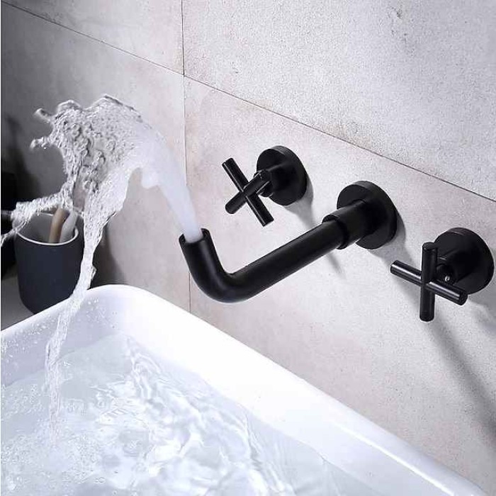 Matte Black/Chrome/Brushed Gold Bathroom Faucet Double Handle Wall Mount Bathroom Sink Faucet   With 360 Degree Rotating Spout