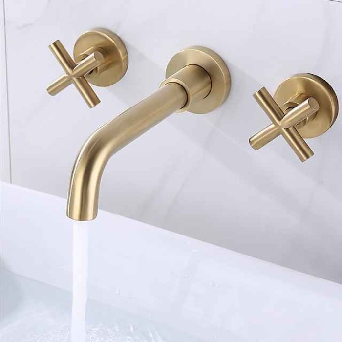 Matte Black/Chrome/Brushed Gold Bathroom Faucet Double Handle Wall Mount Bathroom Sink Faucet   With 360 Degree Rotating Spout