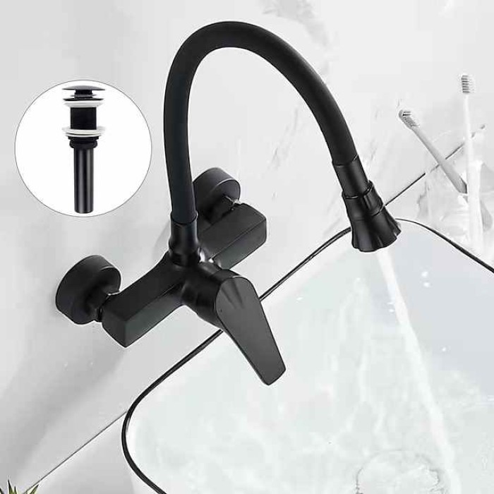 Kitchen Faucet,Brass Wall Mounted Single Handle Two Holes Bendable Rotatable Kitchen Taps