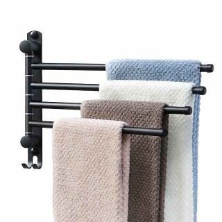 Wall Mounted Towel Bar Swivel Towel Rack 304 Stainless Steel Towel Bar Towel Hanger with Hooks Space Saving Towel Racks for Bathroom Kitchen (Black Silver Optional)