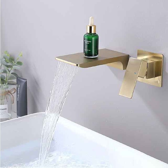 Waterfall Wall Mounted Bathroom Sink Mixer Faucet Matte Black, Solid Brass Basin Mixer Tap Single Handle One Lever Lavatory Taps Black Gold Chrome