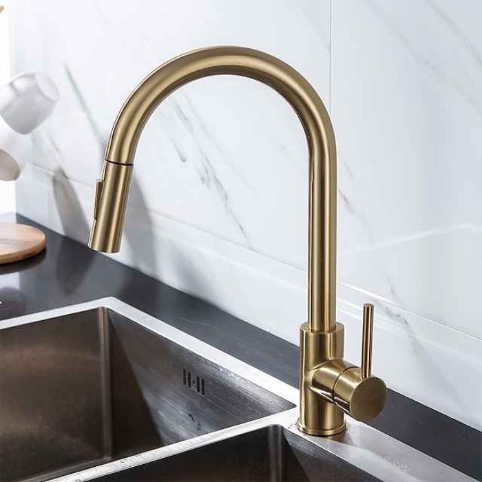 Kitchen Faucet with Pull-out Spray,Single Handle One Hole 2-modes Brass Kitchen Taps