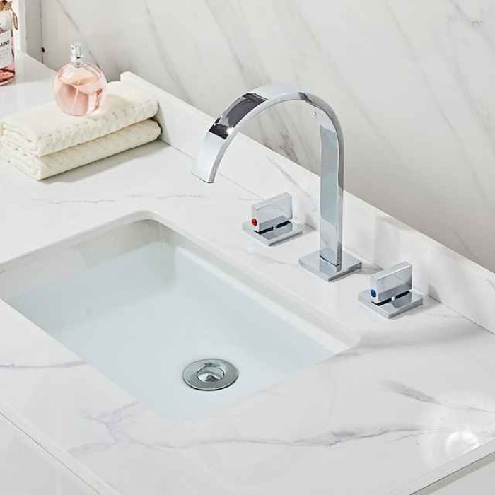 Widespread Bathroom Sink Mixer Faucet, High Arc Basin Taps 3 Hole 2 Handle Basin Tap Deck Mounted, Y-shape Quick Connect ashroom Vessel Water Tap with Cold Hot Hose