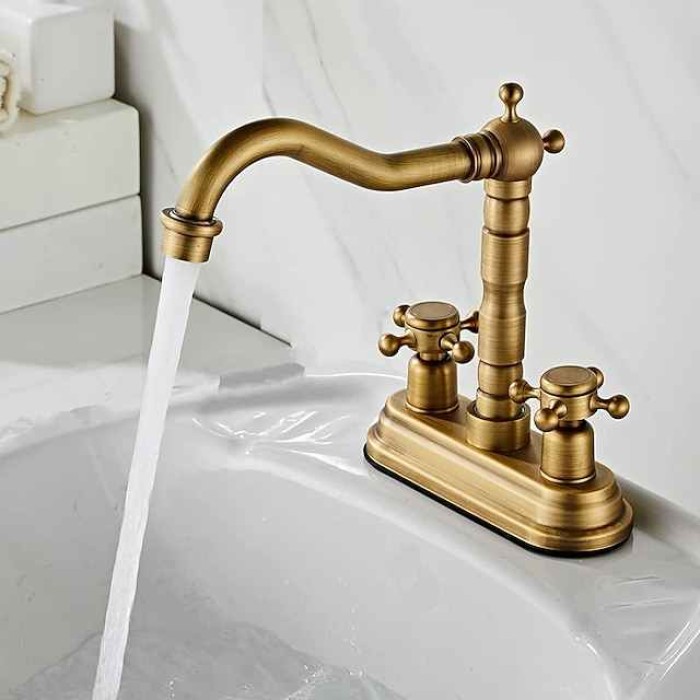 Antique Brass Centerset Faucet Two Handle, 360° Swivel Cross Knobs, Basin Mixer Tap Three Holes, Swivel Centerset Bathroom Sink Faucet