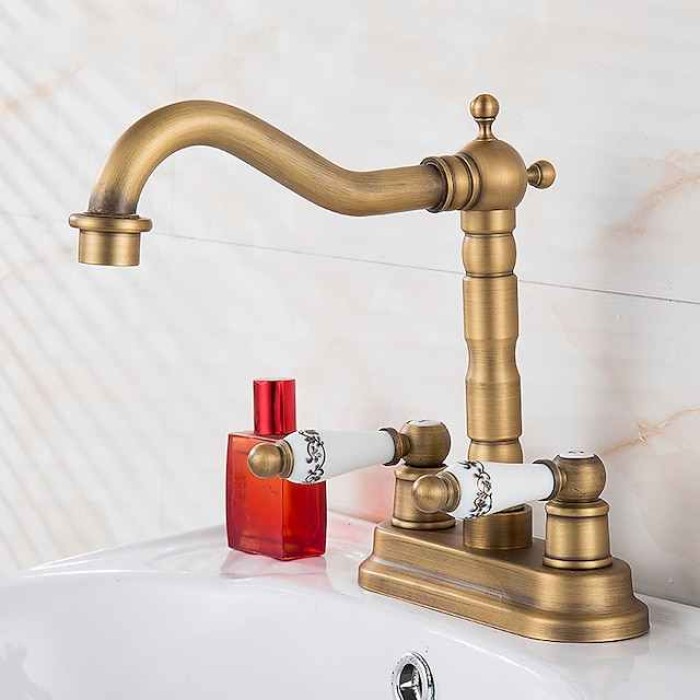 Antique Brass Centerset Faucet Two Handle, 360° Swivel Cross Knobs, Basin Mixer Tap Three Holes, Swivel Centerset Bathroom Sink Faucet